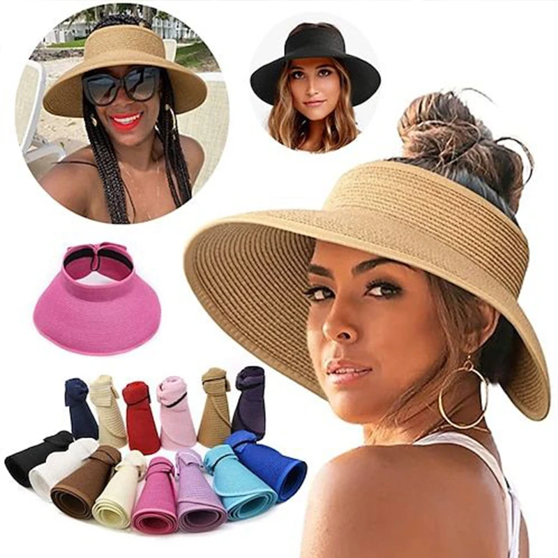 

Summer New Sunshade Hat Korean Edition Women's Open Top Big Eaf Sunscreen Sun Hat No Top Foldable Grass Hat