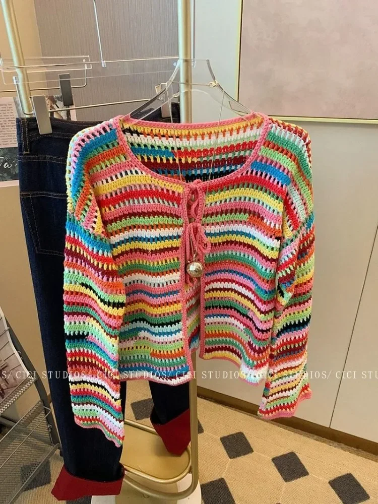 

Hikigawa Rainbow Striped Woven Cardigan Lace Up Design Knitted Outerwears Women Age Reduction Sweet Top Korean Fashion Suéteres