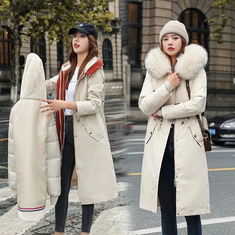 Parkas largas con forro de piel extraíble para mujer, abrigo informal con capucha, chaqueta gruesa de algodón, ropa de abrigo cálida, novedad de 2022