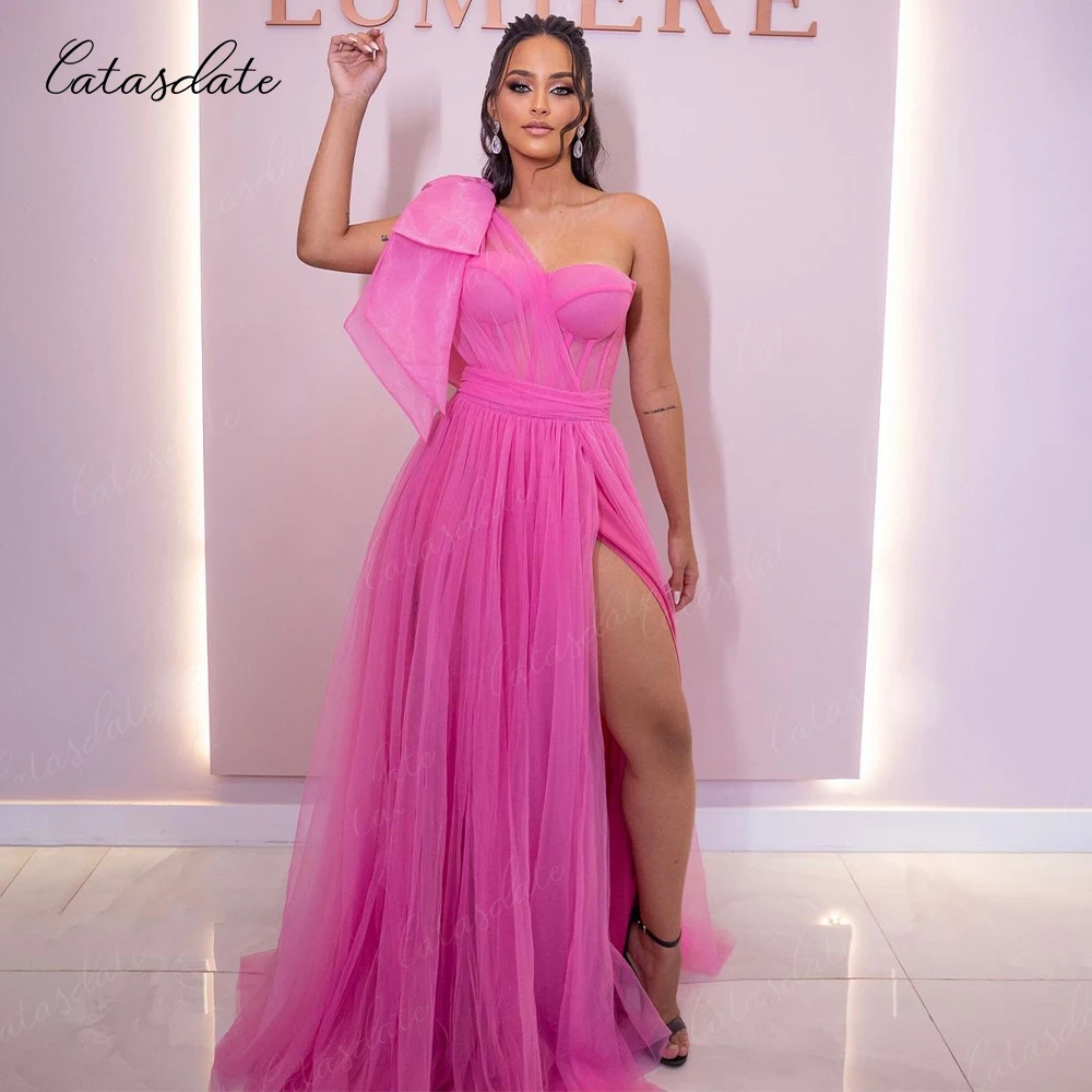 Catasdate Pink Evening Dress with Belt Elegant Party Dress for Women with Bow Formal Occasion Dress with High Slit Party Gown