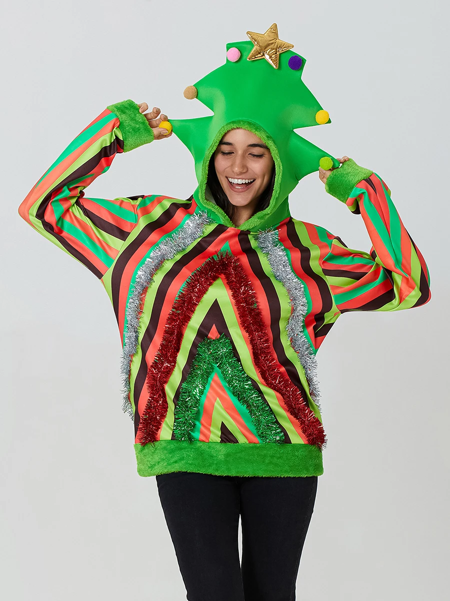 Sudadera con capucha de árbol de manga larga para hombres y mujeres, sudadera con CAPUCHA DE NAVIDAD, disfraz de Cosplay de Color de contraste