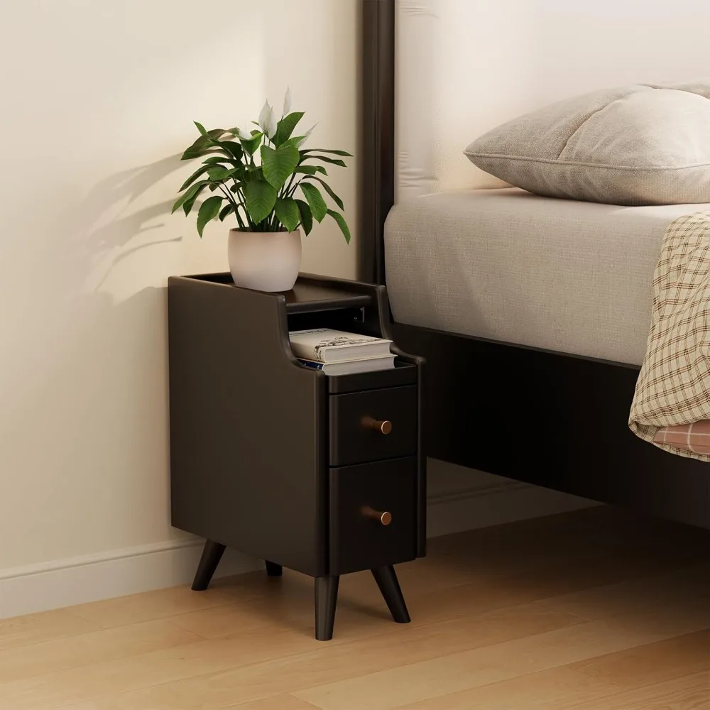 Small Nightstand with Drawers, Solid Wood Bedside Table, Narrow BlackNightstand for Bedroom