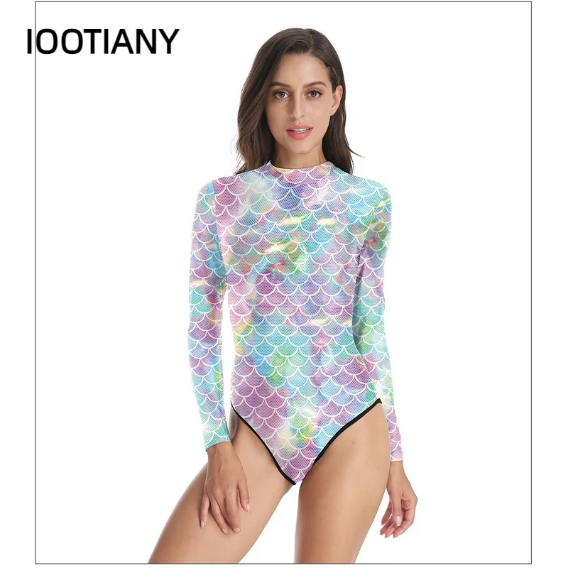 IOOTIANY New 3D Printing Mermaid Scales One Piece Long Sleeve Swimwear Bodysuit Costume Mermaid Swimsuit For Adult Women 2024