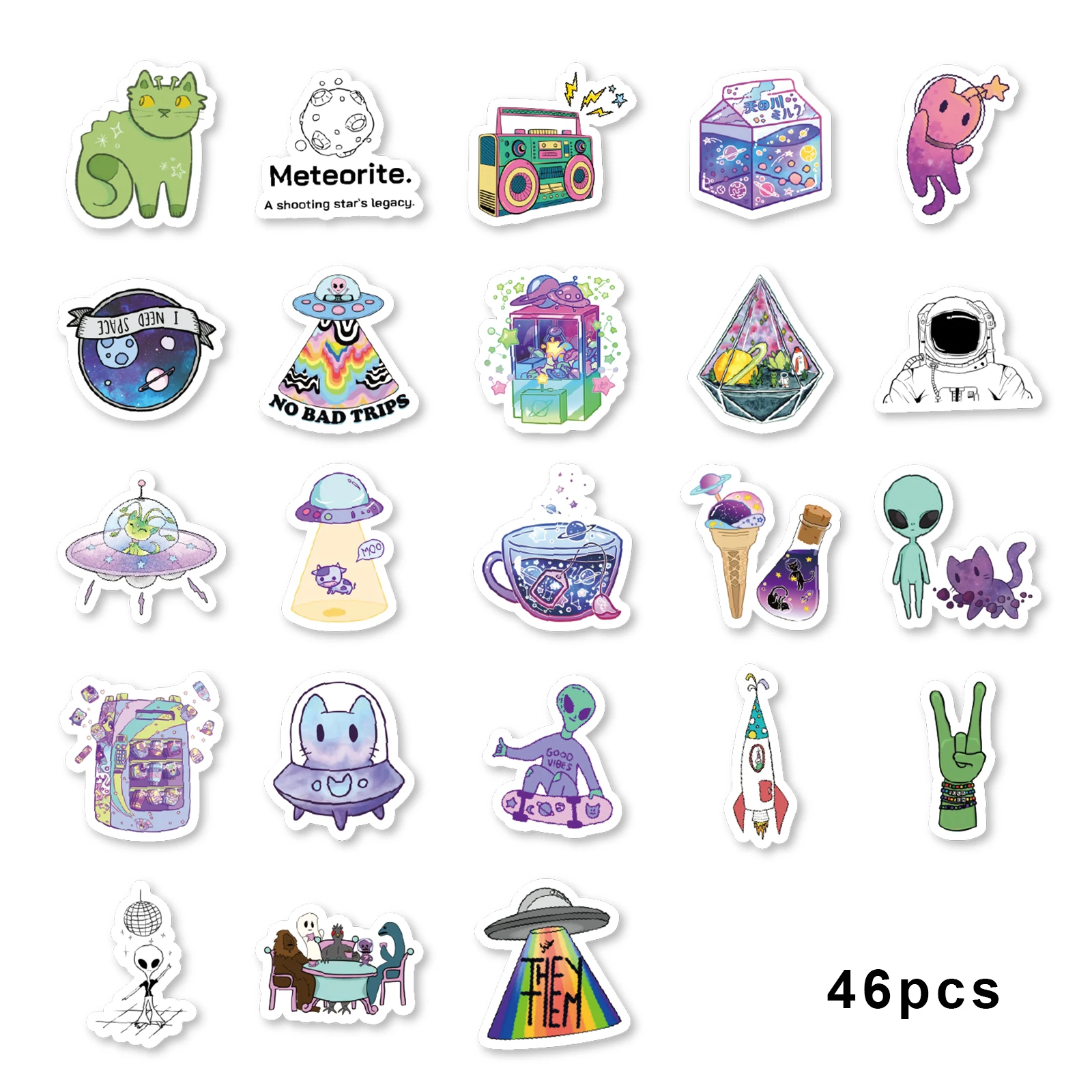 46pcs Cute Alien Cartoon Graffiti Stickers Decorated Notebook Water Cup Diary Guitar Suitcase Classic Toy Scrapbook DIY Decals