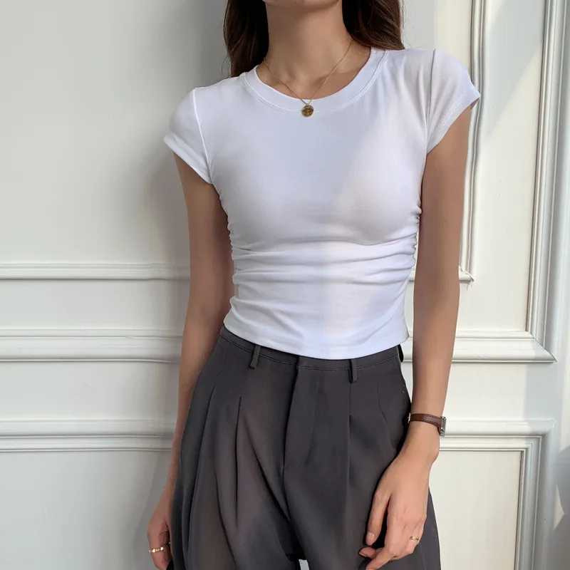 여성용 캐주얼 심플 티셔츠, 단색 기본 반팔 티셔츠, O넥, 블랙, 화이트, 그레이, 스키니 셔츠 상의, 여름