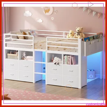 Twin Loft Bed with 8 Drawers, LED Lights & Play Space - No Box Spring Needed, White 1