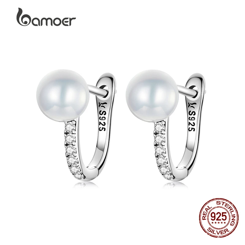 BAMOER Shell Pearl klamry do uszu 925 Sterling Silver Simple Style stylowe kolczyki dla kobiet prezent ślubny koreańska biżuteria kolczyki