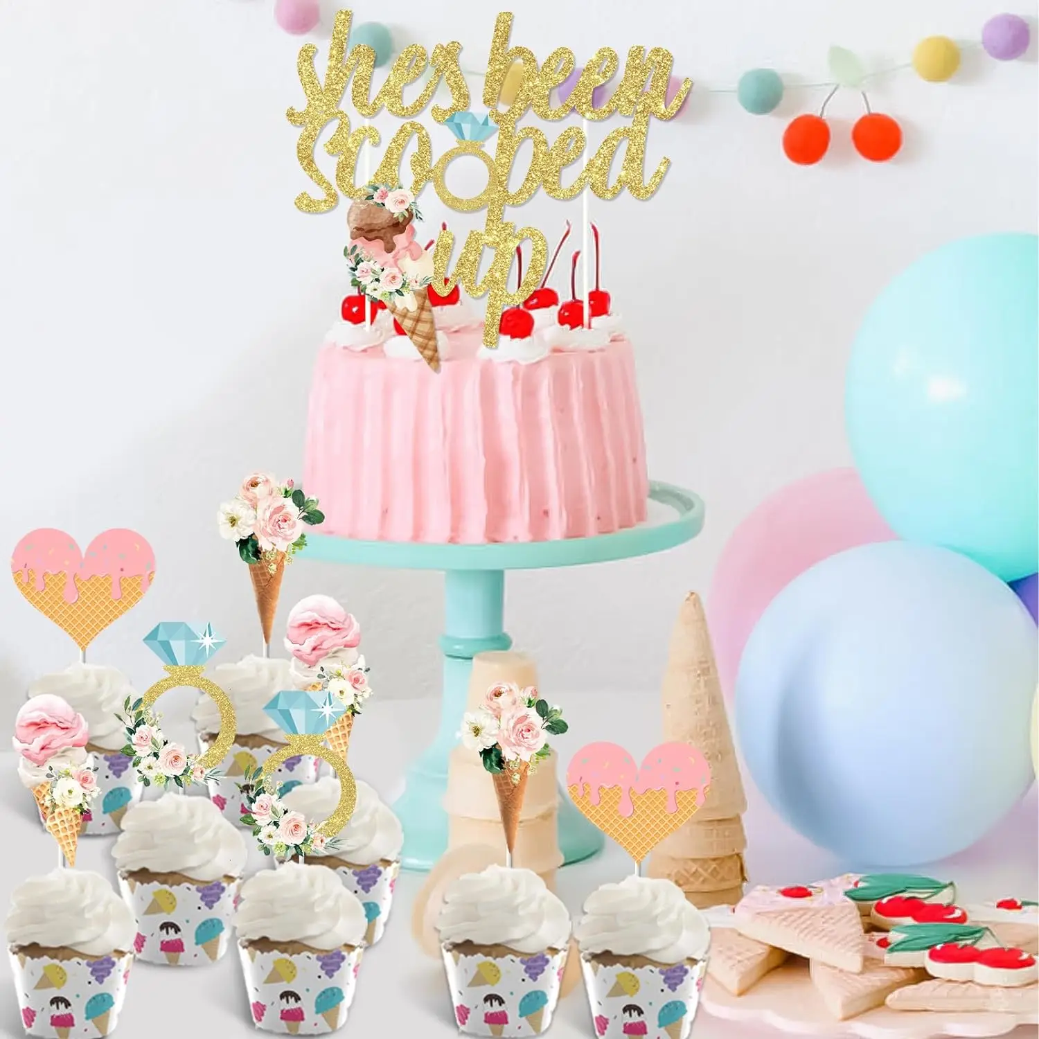 Ice Cream Bridal Shower Decor She’s Been Scooped Up Cake Topper Summer Wedding Engagement Bachelorette Party Supplies