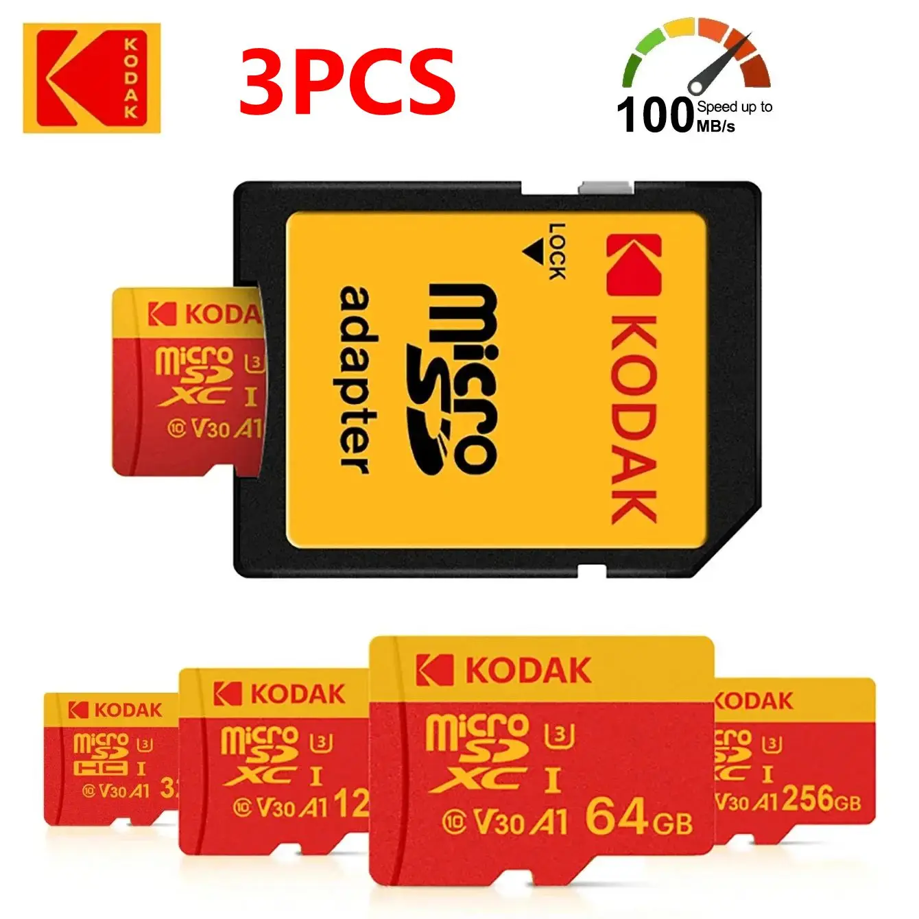 3PCS KODAK MicroSD Card Red Memory Card Class10 32GB 64GB 128GB 256GB 512GB U3 V30 4K High Speed TF Flash Cards for Phone