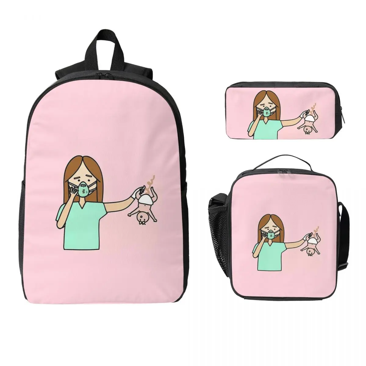 

Enfermera En Apuros Backpack Student Boys Girls BookBag School Bag Laptop Shoulder Bags 3ps Insulated Lunch Bag Pencil Case