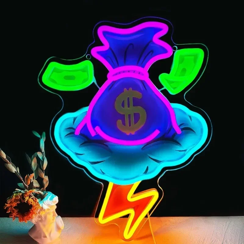 

Money Bag Neon Sign for Wall Decor Lightning Bolt LED Neon Light USB Operated UV Printed Neon Sign Dimmable for Bedroom Club