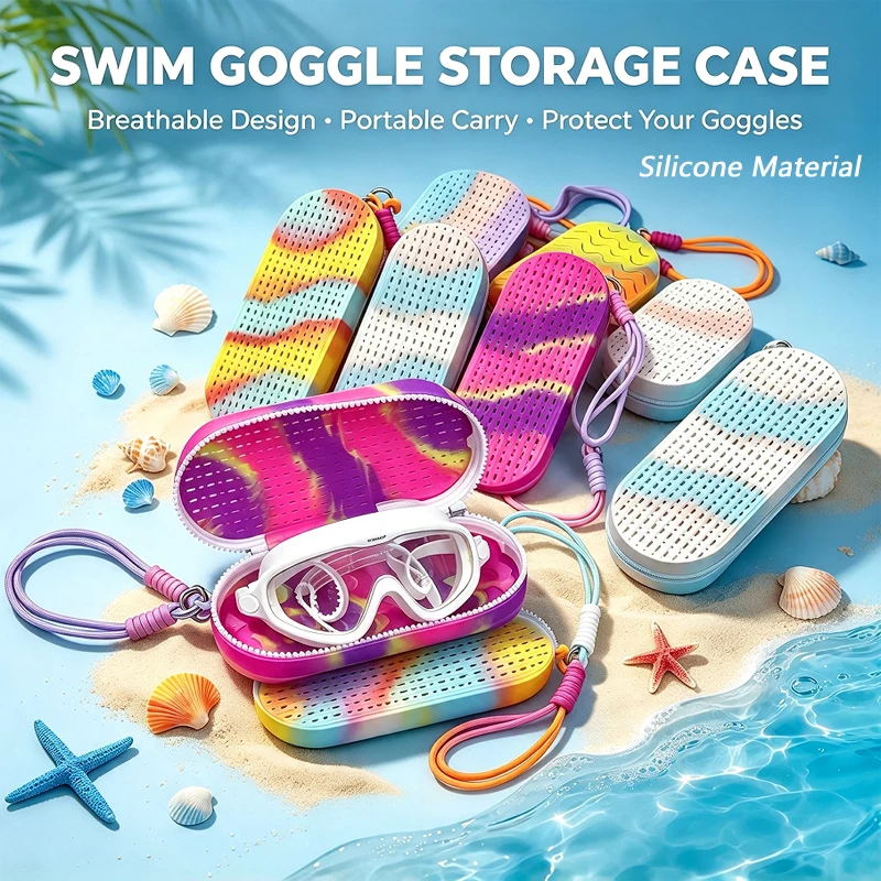 Portable Silicone Swim Goggles Storage Case Drop-Proof Breathable Scratch-Resistant Protective Glasses Storage Box with Lanyard