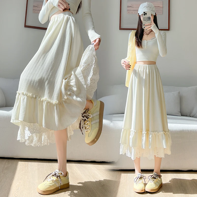 

Женская юбка в корейском стиле, милая полуюбка с рюшами и краями, свободная трапеция с высокой талией, универсальная осенняя новая мода