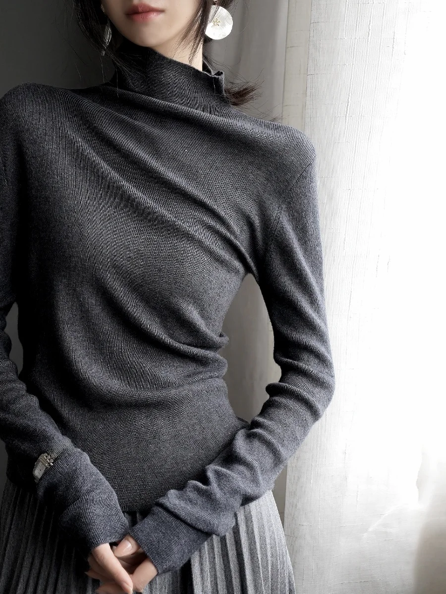 

Warmo High-Ne вязаный свитер с длинными рукавами, женский асимметричный дизайн, смесь шерсти, базовый слой, осень-зима, модный мягкий