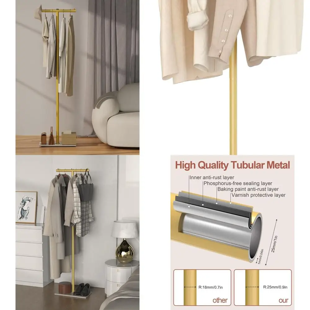 

Современная отдельно стоящая Т-образная вешалка для одежды, прочный металл с каменным основанием, высота 68,9, золотисто-желтый для дома и бутиков