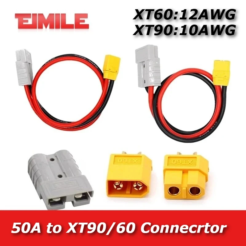 1pc 50A Gray Plug to XT90/XT60 Connecrtor Cable XT60 Male Female High Current Electric Vehicle Charging/Discharging Socket Wire