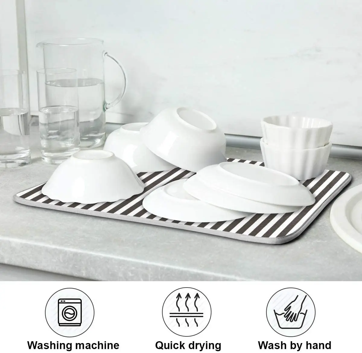Black Striped White Dish Drying Mat for Kitchen Absorbent Microfiber Drying Pad Dish Mat 24\