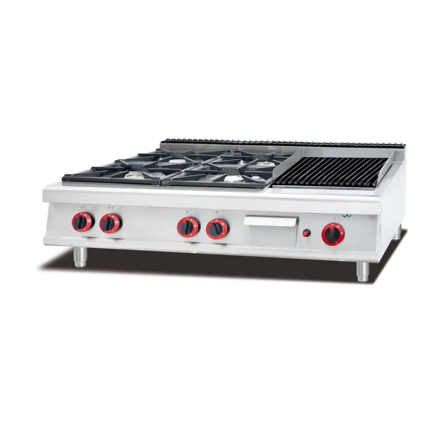 

Stainless steel gas range (4-Burners) and Lava Rock Griddle,Counter Top commericial Gas Stove multi-cooker gas cooktop