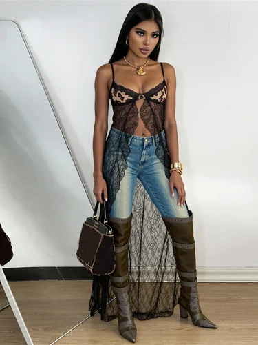 Imagen 1 del producto NIBBER-Camiseta sin mangas con tirantes para mujer, camisola Sexy de retazos, chaleco largo de encaje ajustado sin mangas, ropa de calle informal para mujer