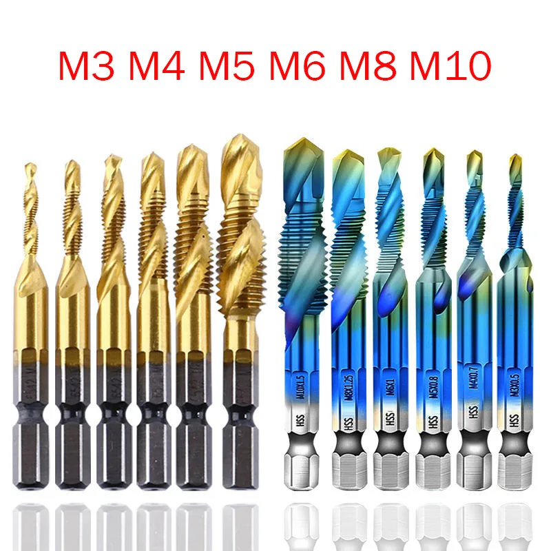 6Pcs Tap Drill Bit Hex Shank Titanium Plated HSS Screw Thread Bit Screw Machine Compound Tap M3 M4 M5 M6 M8 M10 Hand Tools