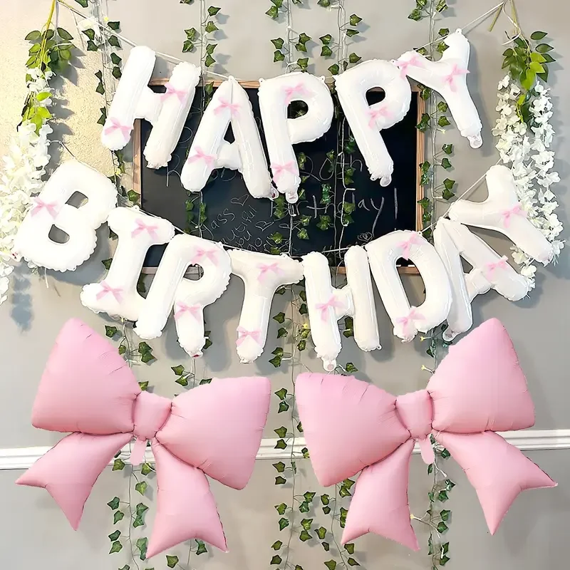 37 Pcs/Set White Happy Birthday Letter Aluminum Film Balloon And Pink Bow Balloon Suitable For Girls' Birthday, Party Background