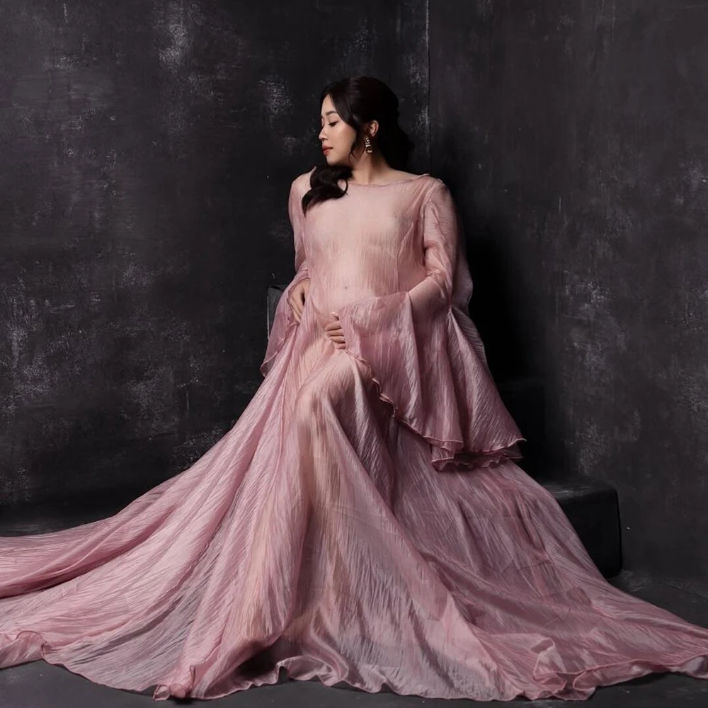 Elegant Pregnant Women Dress Photography Props Flare Sleeve Maxi Gown Train Pregnancy Picture Shooting Studio Garment