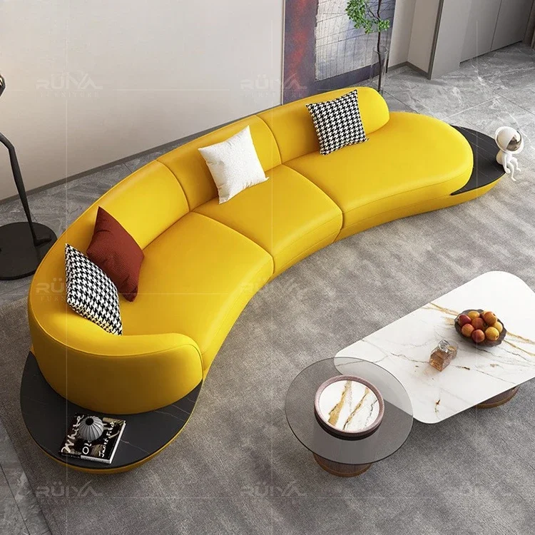 Luxury elegant design yellow leather curved sofa set design modern curved sofa living room