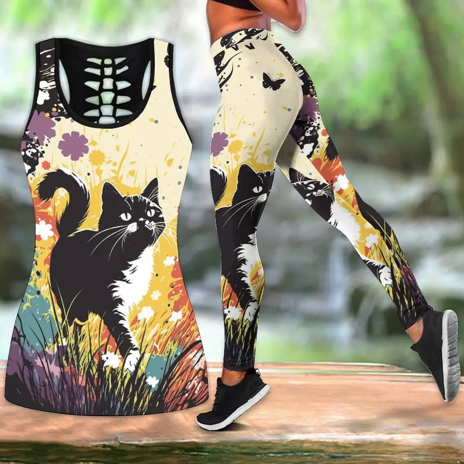 

Summer Fashion Sport Yoga Suit Cat Flower Print Summer Vest for Women Yoga Tank Tops Leggings Suit