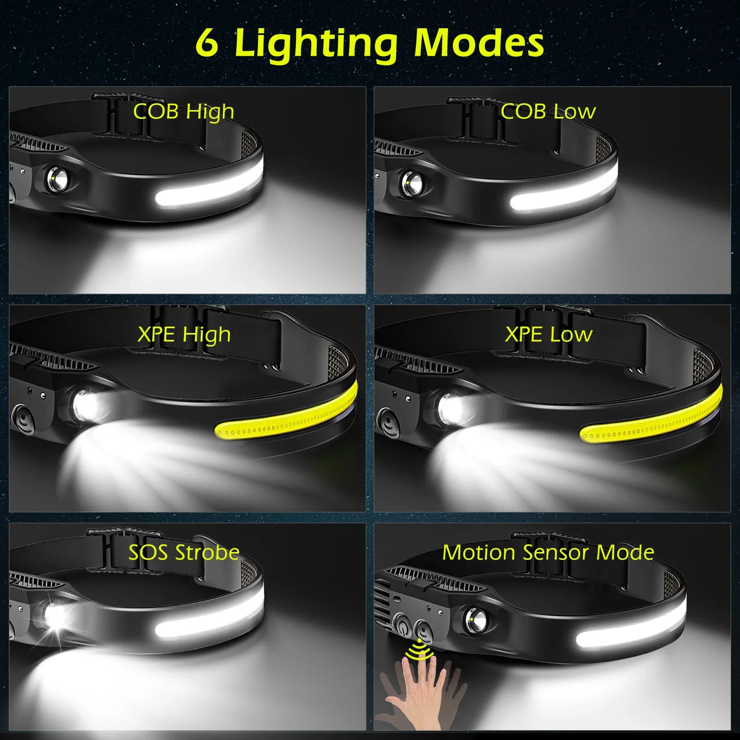 다기능 COB LED 헤드램프, USB 충전식 센서 헤드 토치, 야외 방수 캠핑 낚시 랜턴, 3 광원