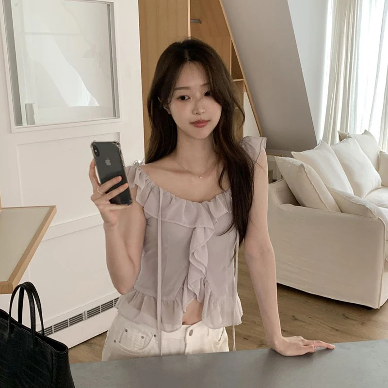 Nimo Home Korean Chic Lace Trimmed Chiffon Strap Vest Short Length Gathered Waist Flying Sleeve Waist Cinching Top for Women