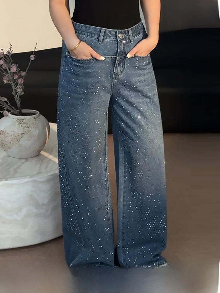

Джинсы с высокой талией и широкими штанинами для полных женщин, с блестящими стразами, модные, весенние, новые, свободного кроя, повседневные брюки
