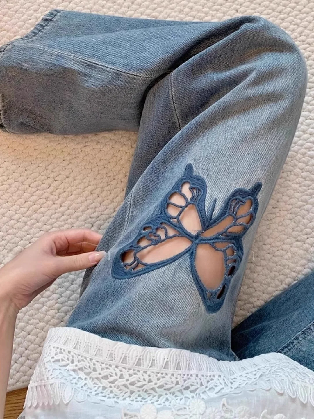 

High Waist Loose Fit Embroidery Hollow Design Denim Pants Women's Summer New Sle Slimming Wide Leg Long Trousers