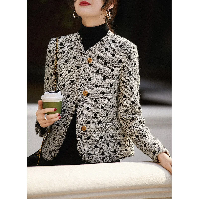 

Flocking Polka-dot Wool Blended Small Fragrant Wind Jacket Women Sweet Vintage Round Neck Long Sleeve Office Tweed Short Coat