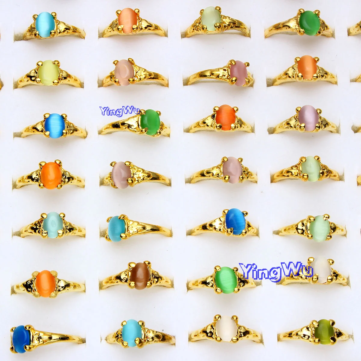 Yingwu Wholesale Bulk 10Pcs Colourful Natural Cat's Eye Stone Ring Band Wedding Engagement Gift Fashion Jewelry