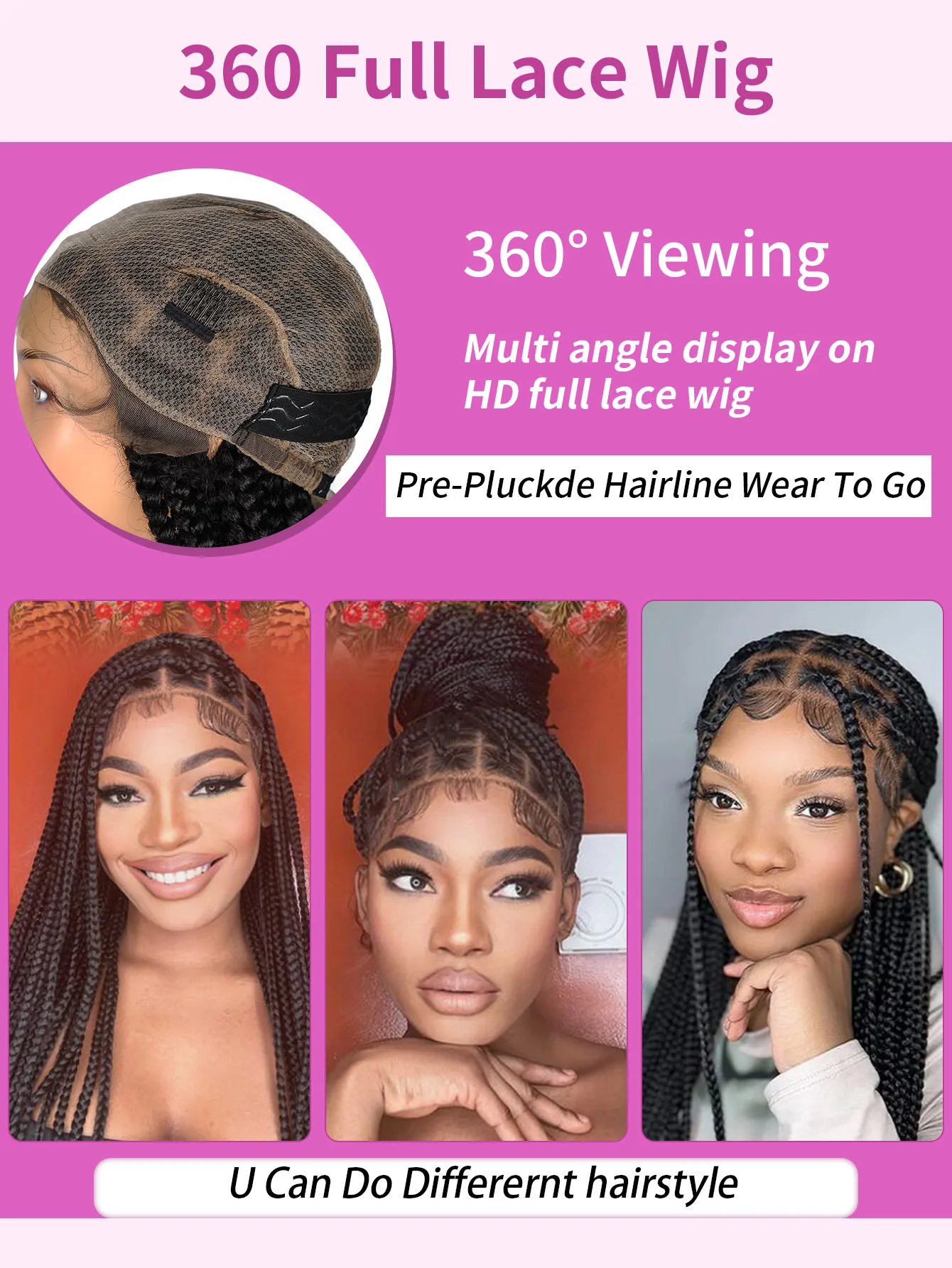 36 Inch Square Part Braided Wigs Large Knotless Box Braids Wig Synthetic Full Lace Wig With Baby Hair For Black Women Daily Use