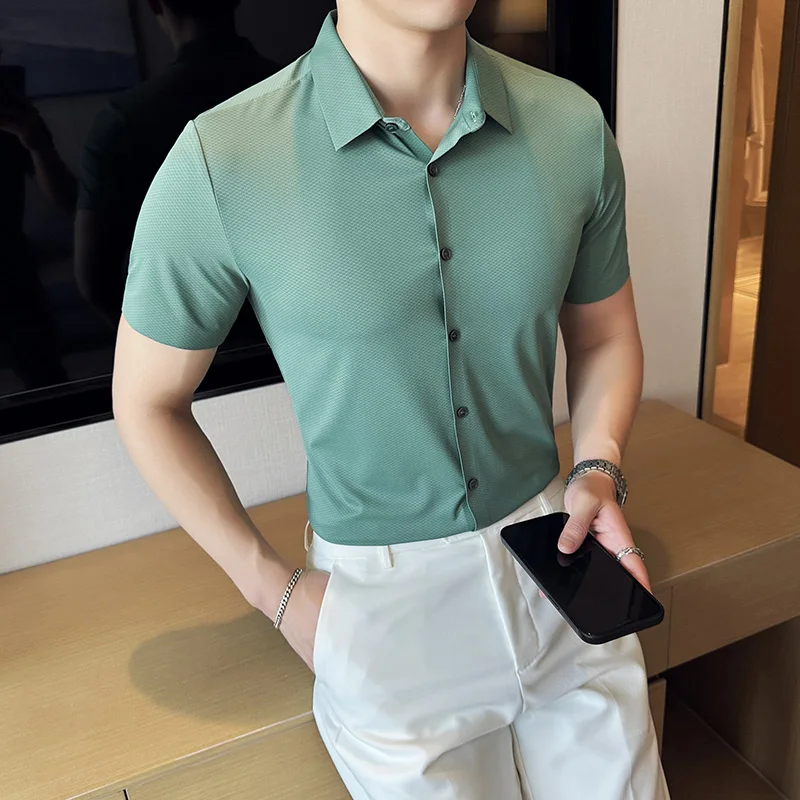 

Мужские рубашки с коротким рукавом, летние модные эластичные рубашки из ледяного шелка, мужская одежда, 2025, облегающая повседневная офисная блузка Homme 4XL