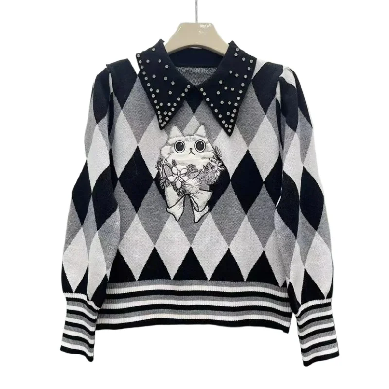 

Французский ретро вязаный свитер с длинными рукавами и героями мультфильмов, женский осенний новый контрастный цвет, клетчатый пуловер с бриллиантами и лацканами, джемпер, вязаные топы