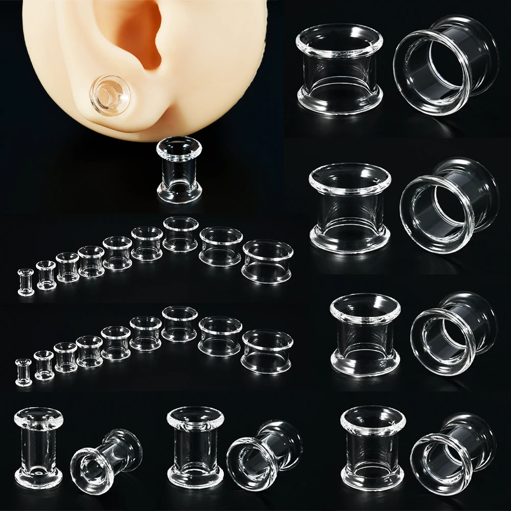 PAIR Glass Transparent Round Hollow Ear Tunnels Plugs Expander Stretcher Gauge Body Piercing Body Jewelry For Man Woman 6-25MM