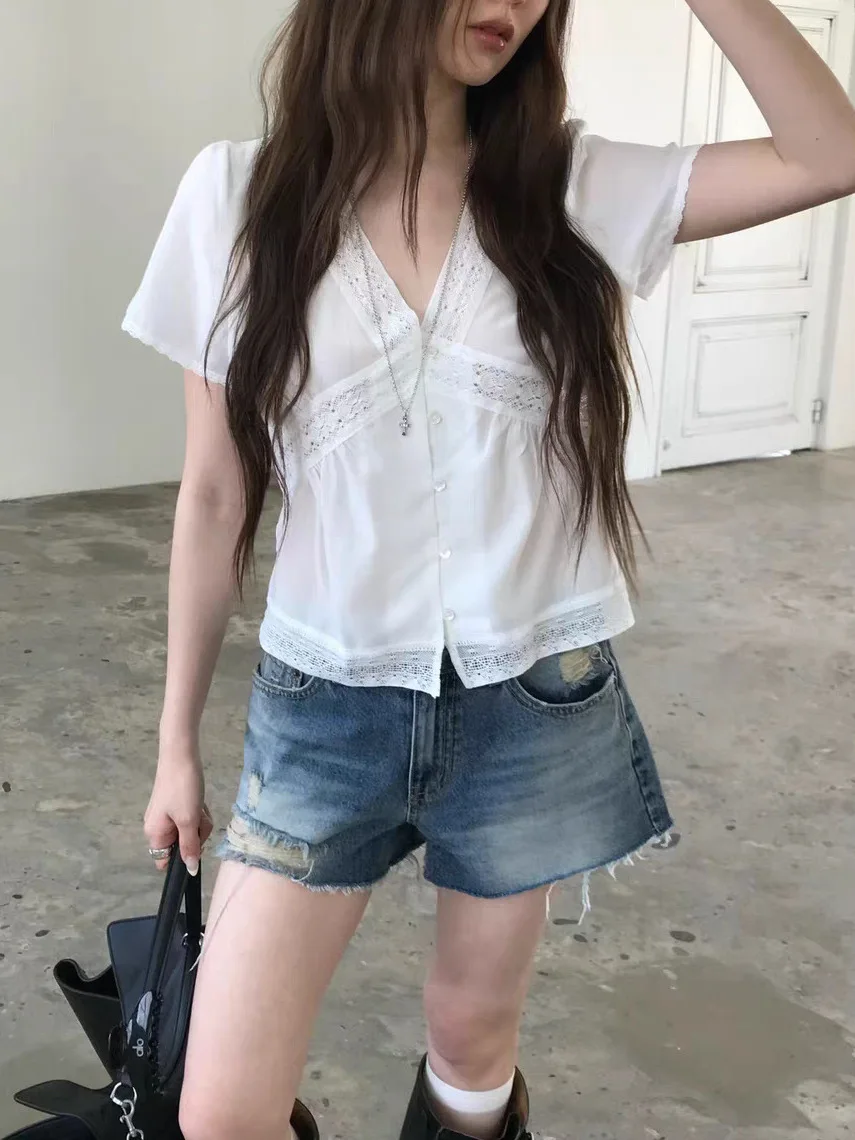 

Sweet Short Sleeve Shirt V-Neck Lace Trim Commute Style Women's Clothing Breathable Slimming Cotton Button up Shirt