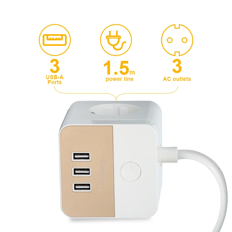 EU Cube Extension Cord Power Socket, Multi-Outlet Power Strip with 3 AC Outlets and 3 USB, with Switch 1.5m Cable for Home Offic