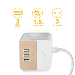 EU Cube Extension Cord Power Socket Multi-Outlet Power Strip with 3 AC Outlets and 3 USB with Switch 1.5m Cable for Home Office