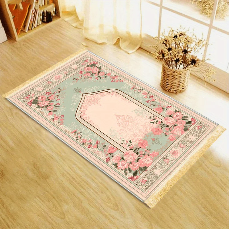 VIKAMA Pink Green Floral Arch Design Prayer Rug Muslim Prayer Mat for Portable Carpet for Bedroom Living Room Travel Decor