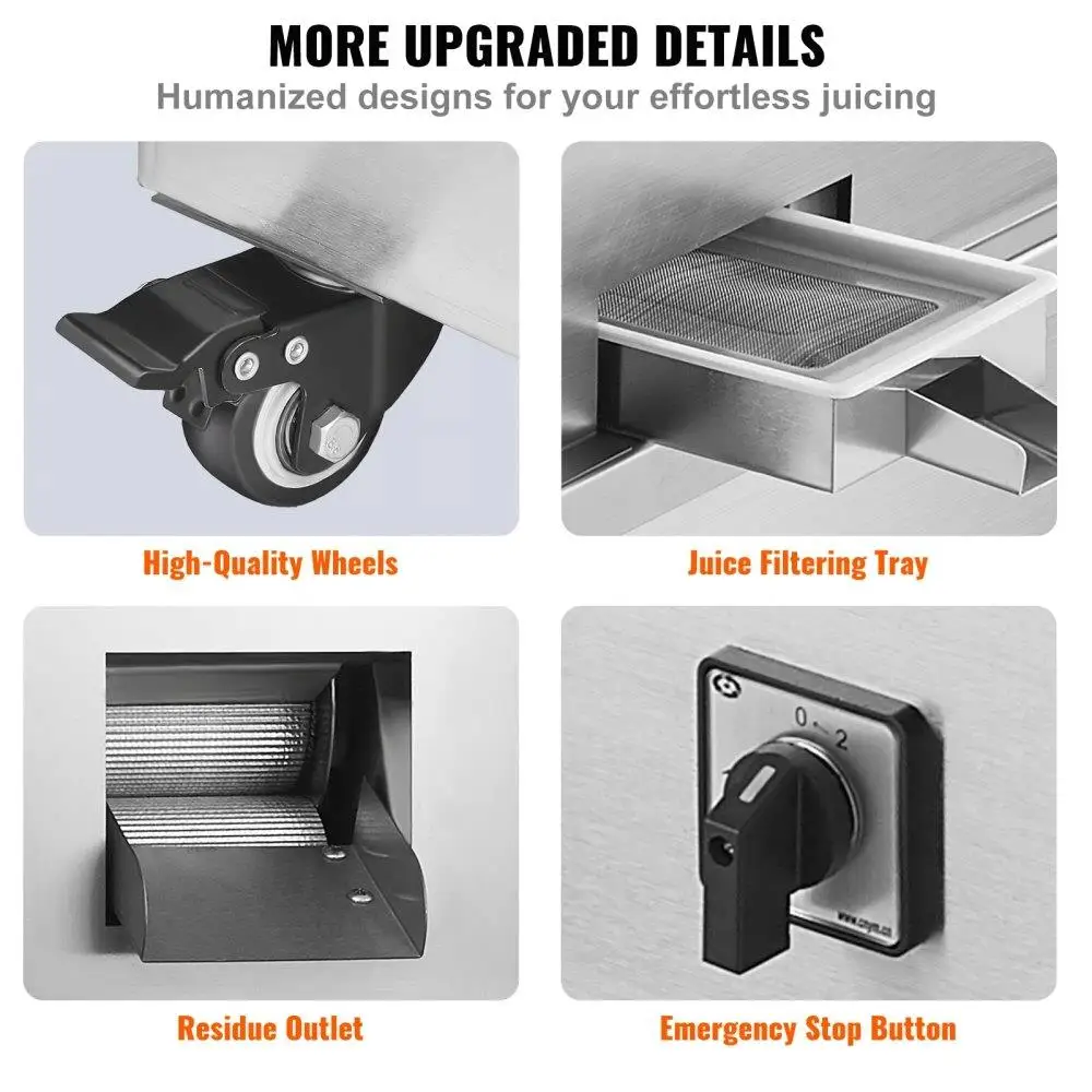 عصارة قصب السكر الكهربائية 800 وات 661LBSH 3 بكرات من الفولاذ المقاوم للصدأ 24 مدخل كبير على عجلات للمنزل التجاري