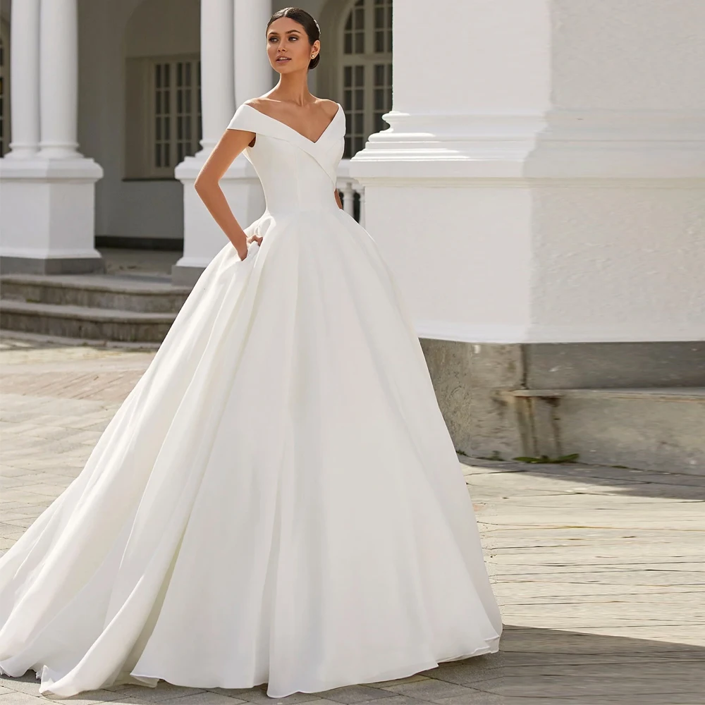 Vestidos De Novia De satén sencillos personalizados, línea A, escote en V, hombros descubiertos, espalda abierta, paquete, Vestidos De Novia