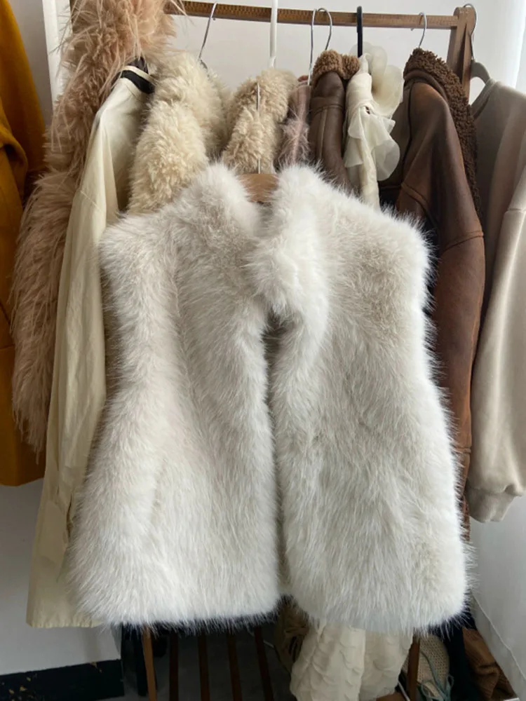 Winter Women's Faux Fur Vest Coat American Casual Fashion Retro Solid Color Stand Up Collar Sleeveless Thick Warm Plush Jacket