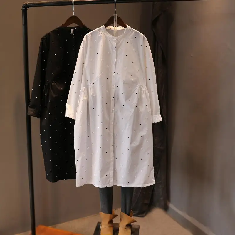 

Женские блузки, новинка 2022, Топ с длинным рукавом, узор в горошек, повседневные модные рубашки, женская одежда, свободная, средней длины, белая блузка