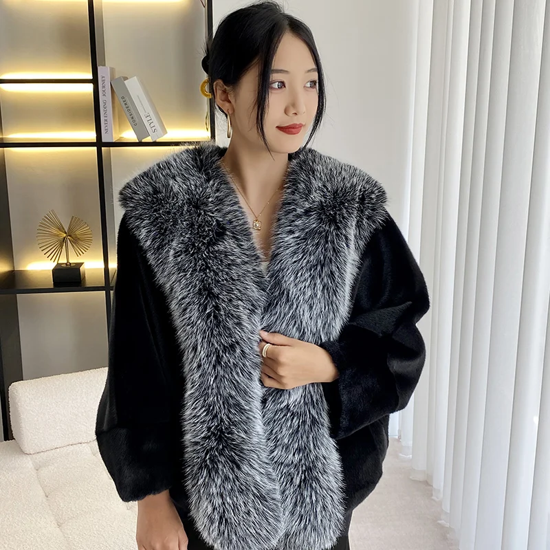 Autumn and Winter New Baggy Bat-Sleeved Fur Fur Collar Coat Women\'s Mid-Length Loose Fashion Fur Coat Top