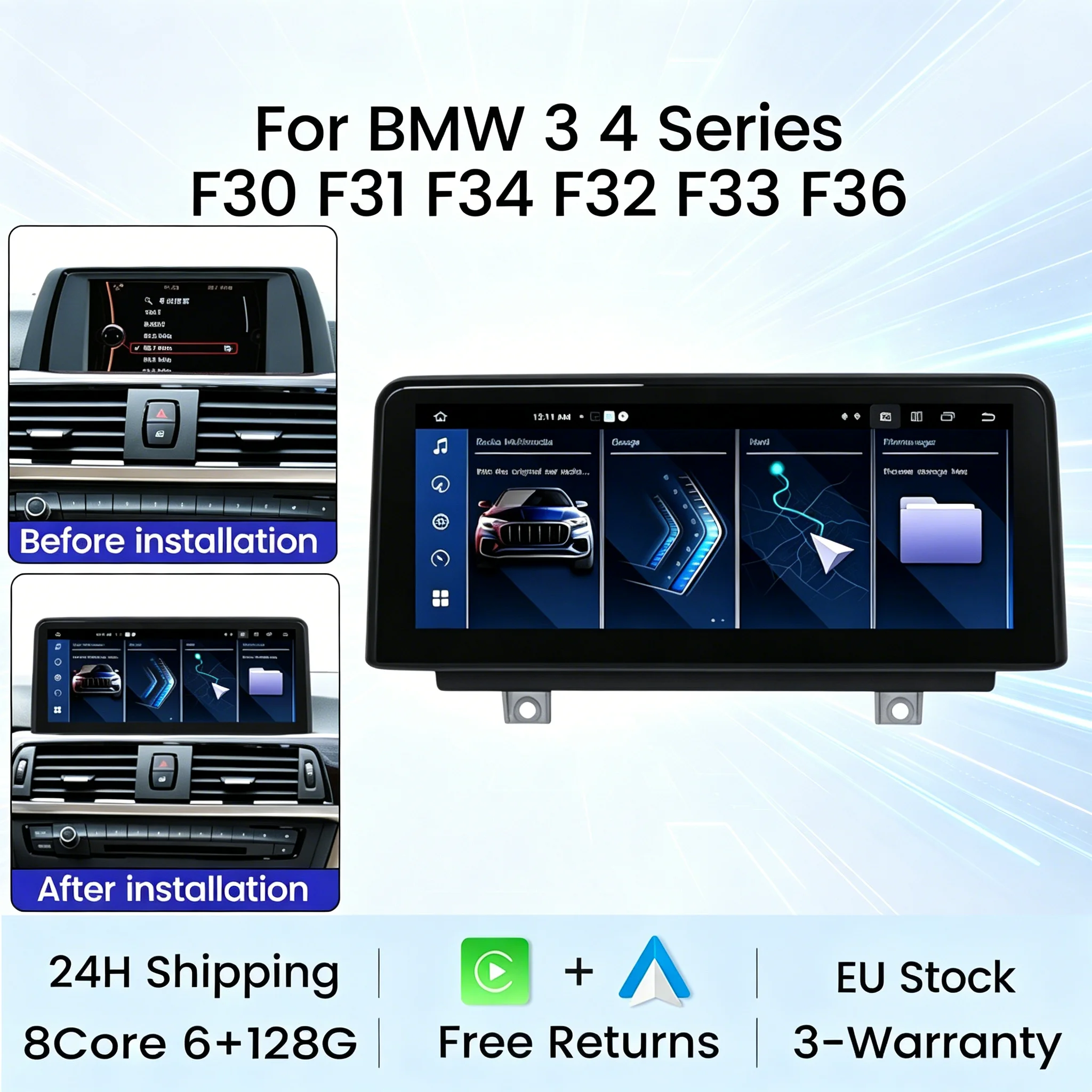 MEKEDE EU Stock Rádio Automotivo Sem Fio com Carplay e Android Auto para BMW Série 3 4 F30 F31 F32 F33 F34 F36 2012-2016 NBT, Mantém o Sistema