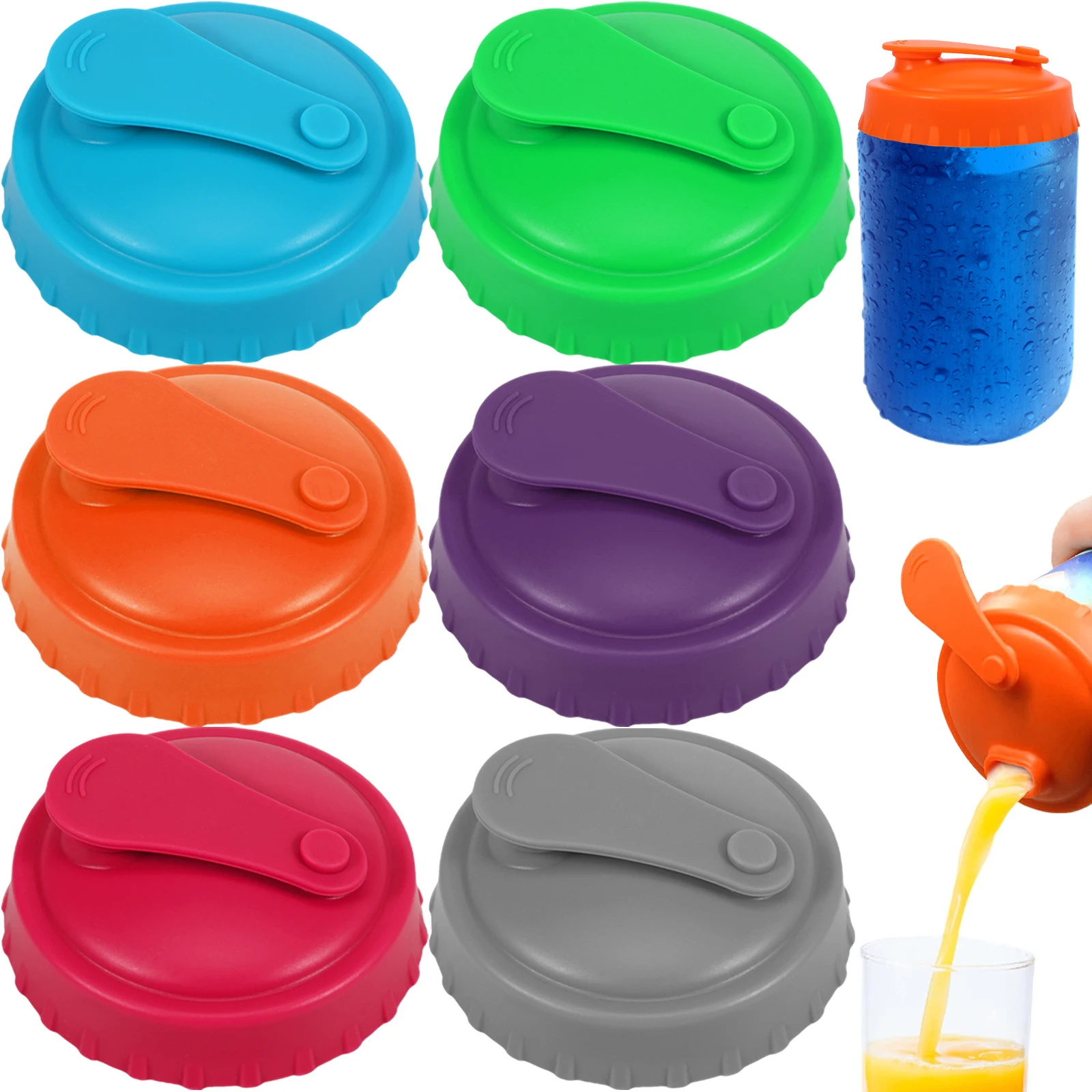 

6Pcs Can Lids Food Grade Silicone Soda Can Cover Reusable Can Topper Leak-Proof Canning Caps Dust-Proof Soda Can Lids for