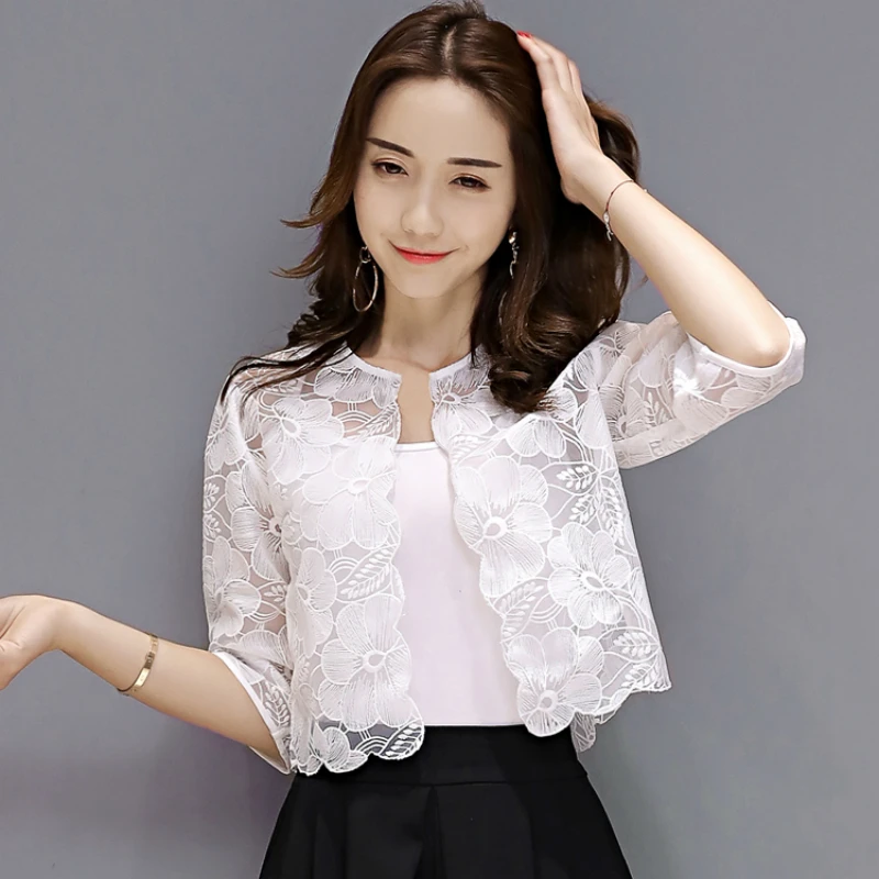 Lace Tops Women 2024 Summer Short White Cardigan Feminino Sunscreen Blouse Elegant O-neck Hollow Out Women's Shirt